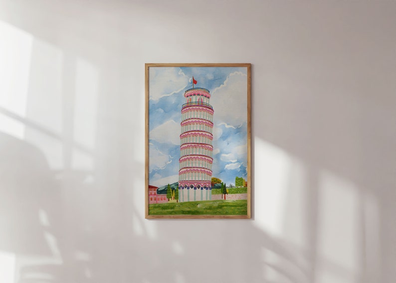 Leaning Tower of Pisa World Wonder Gouache Painting Italy Building Architecture Wall Art Bright Vibrant Print Printable Digital image 3