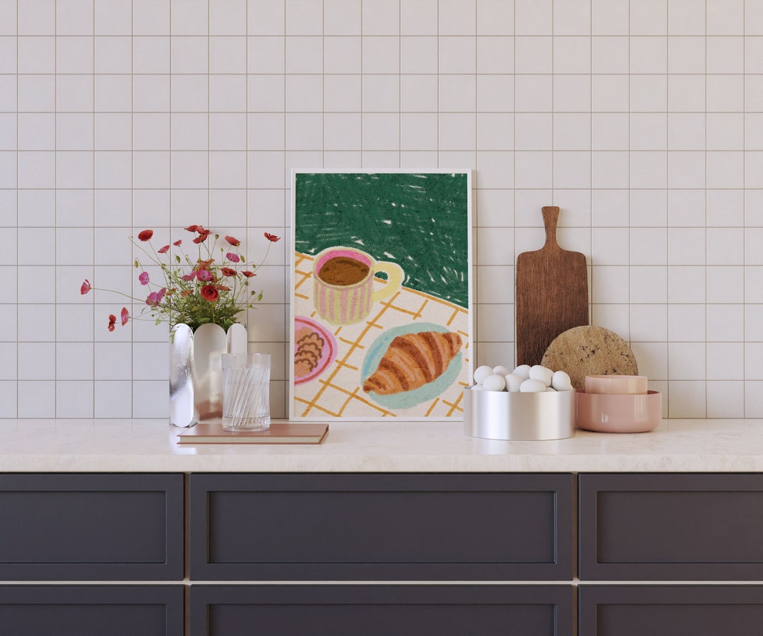 kitchen print, coffee & cake | kitchen prints, wall... Coffee and Croissant Art Print: Colorful Kitchen Wall Decor (digital ...