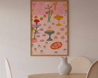 Cake In The Table Wall Art, Colorful Wall Art, Still Life Illustration, Printable Art, Living Room Print, Flower Art Print