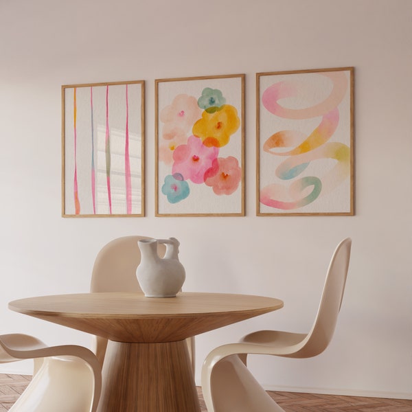 Set of 3 Prints, Living Room Wall Art, Abstract Floral Art, Printable Print Set, Three Prints, Pink Lines Wall Art, Colorful Wall Art