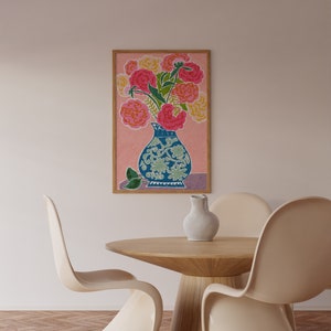 Peonies In A Vase Wall Art, Colorful Wall Art, Oil Pastel Drawing, Printable Art, Living Room Print, Flower Art Print image 5
