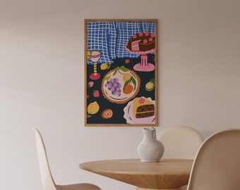 Flatlay Food In The Table Wall Art, Colorful Wall Art, Still Life Illustration, Printable Art, Living Room Print