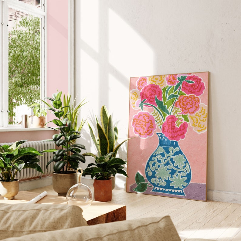 Peonies In A Vase Wall Art, Colorful Wall Art, Oil Pastel Drawing, Printable Art, Living Room Print, Flower Art Print image 7