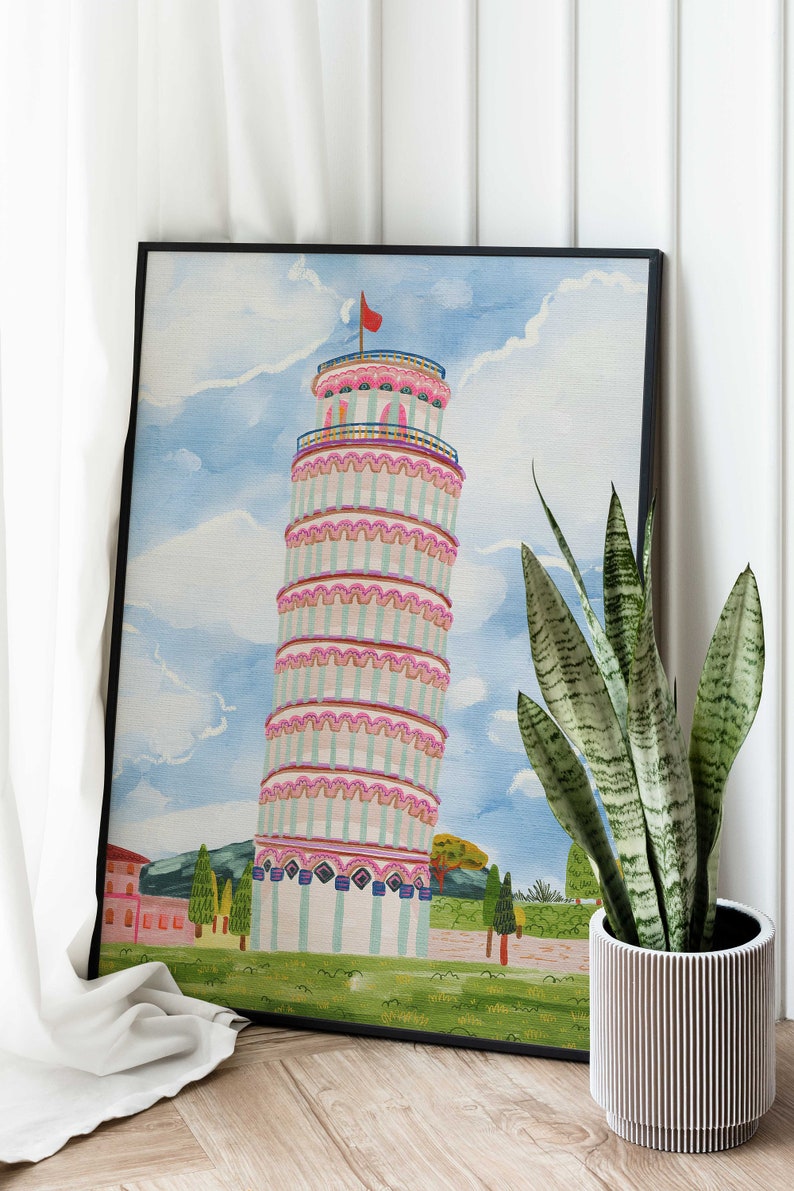 Leaning Tower of Pisa World Wonder Gouache Painting Italy Building Architecture Wall Art Bright Vibrant Print Printable Digital image 7