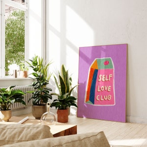 Póster rosa del Club del amor propio / Tipografía con citas motivacionales / Arte de pared colorido con forma de caja de leche / Impresión rosa del amor propio / Impresión digital imprimible