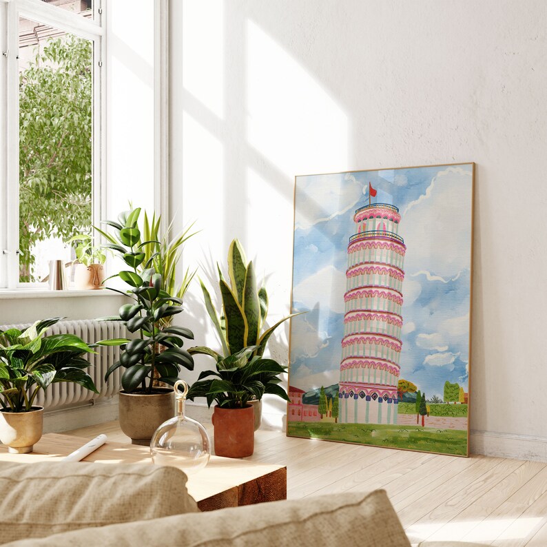 Leaning Tower of Pisa World Wonder Gouache Painting Italy Building Architecture Wall Art Bright Vibrant Print Printable Digital image 5