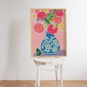 Peonies In A Vase Wall Art, Colorful Wall Art, Oil Pastel Drawing, Printable Art, Living Room Print, Flower Art Print image 3