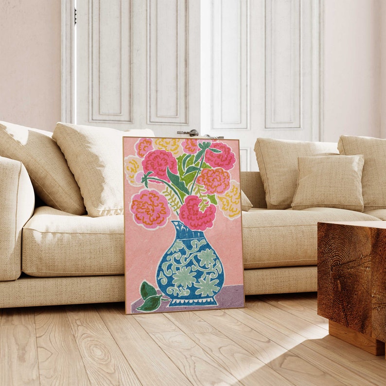 Peonies In A Vase Wall Art, Colorful Wall Art, Oil Pastel Drawing, Printable Art, Living Room Print, Flower Art Print image 1