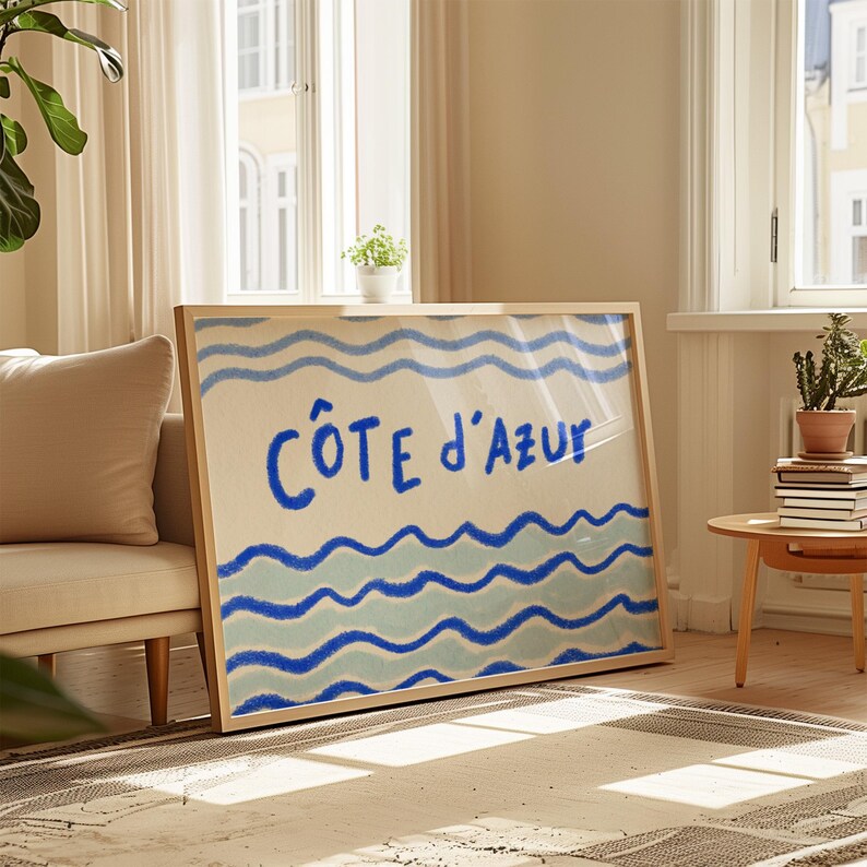 Blue Coast Wall Art Hand Drawn French Poster Colorful Wall Art Côte D'azur Print Printable