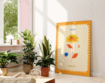 Marigold Flower Art Print: October Birth Month Poster (Digital Download)