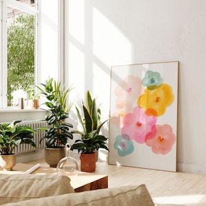 Bunte druckbare Wandkunst, vertikal, druckbare Blumenkunst, rosa Farbwanddekor, minimal abstrakt, Blumenaquarell abstrakte Kunst