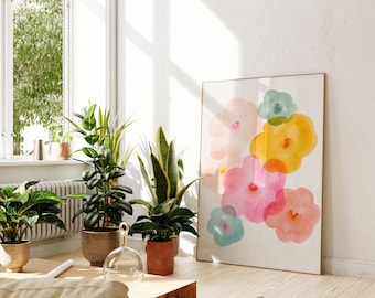 Arte de pared imprimible colorido, vertical, arte imprimible floral, decoración de pared de color rosa, abstracto mínimo, arte abstracto de acuarela de flores