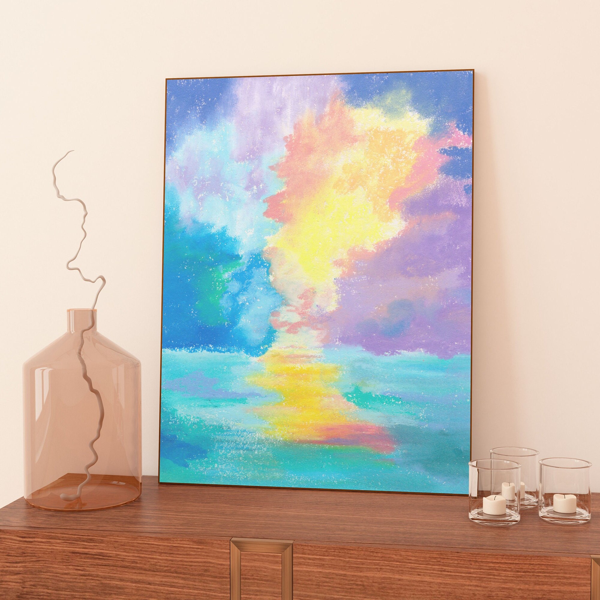 虹色の夕焼けオイルパステルアートプリント：カラフルな風景（デジタル