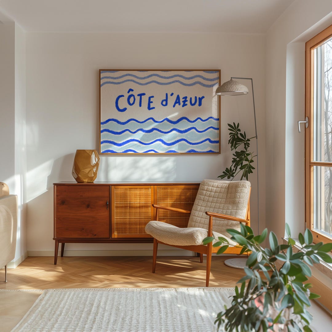 Blue Coast Wall Art Hand Drawn French Poster Colorful Wall Art Côte D'azur Print Printable