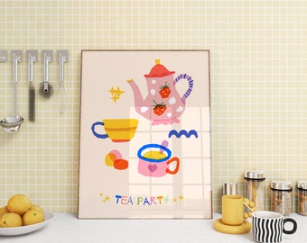 Colorful Tea Party Wall Art | Colorful Kitchen Art Print | Tea Cup Risograph Wall Art | Nursery Printable Art | Digital Download