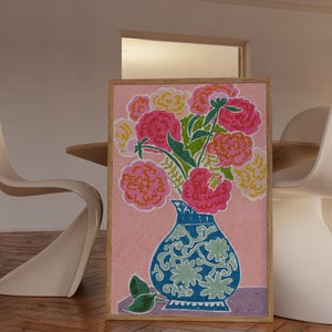 Peonies In A Vase Wall Art, Colorful Wall Art, Oil Pastel Drawing, Printable Art, Living Room Print, Flower Art Print image 6