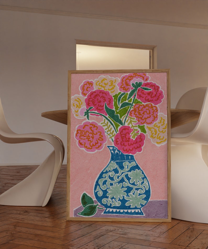 Peonies In A Vase Wall Art, Colorful Wall Art, Oil Pastel Drawing, Printable Art, Living Room Print, Flower Art Print image 6