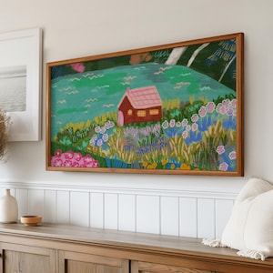 Rahmen Tv Art | Haus am See Gemälde Tv Kunst | Sommer Blumengarten helle lebendige Kunst digitaler Download