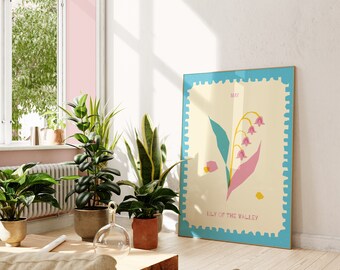 Lily of The Valley Flower Art Print, Colorful May Birth Month Poster Wall Art, Nursery Room Decor, Gift for Her, Mother&#39;s Day Gift