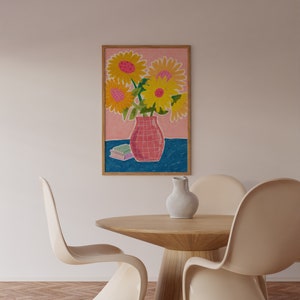 Arte de pared con girasoles en un jarrón, arte de pared colorido, dibujo al óleo pastel, arte imprimible, impresión para sala de estar, impresión de arte floral