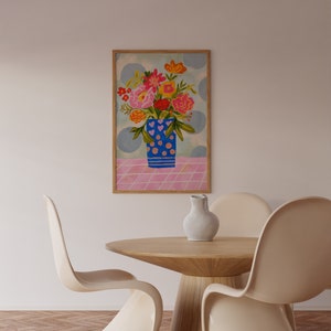 Arte de pared con flores de colores en un jarrón, arte de pared colorido, arte de pared abstracto, pintura acrílica gouache y arte imprimible.