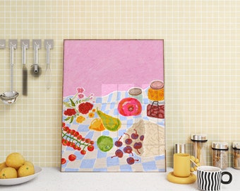 A Colorful Drawing of Fruit in The Kitchen Poster, Colorful Wall Art, Colorful Kitchen Prints, Printable Art