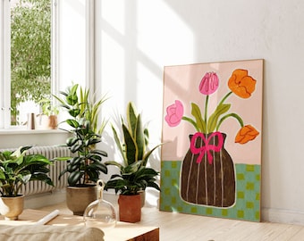 May include: A colorful illustration of a vase with a pink bow filled with pink, orange, and red flowers. The vase is on a pink and green checkered background.