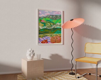 Mountain View Picnic Painting: Colorful Summer Wall Art (Digital Download)