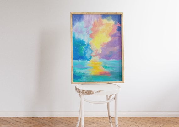 虹色の夕焼けオイルパステルアートプリント：カラフルな風景（デジタル
