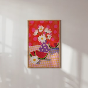 Daisy Flowers Wall Art, Colorful Wall Art, Watermelon Wall Art, Gouache Acrylic Painting in Red Vibrant Colors, and Printable Art.