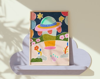 Spaceship Wall Art, Colorful Wall Art, Nursery Wall Art, Acrylic Art, Printable Art, Kids Room Print, Cute Pastel Art Print