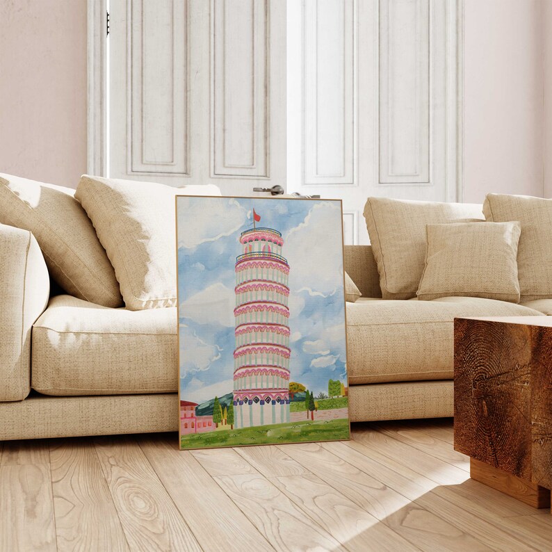 Leaning Tower of Pisa World Wonder Gouache Painting Italy Building Architecture Wall Art Bright Vibrant Print Printable Digital image 2