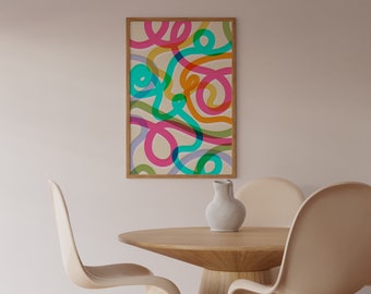 Colorful Abstract Swirl Scribble Wall Art, Colorful Swirl Squiggle Printable Art, Colorful Living Room Print, Geometric Art Print