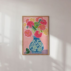 Peonies In A Vase Wall Art, Colorful Wall Art, Oil Pastel Drawing, Printable Art, Living Room Print, Flower Art Print image 2
