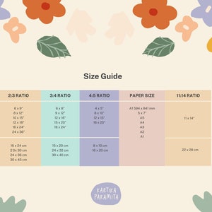 May include: A size guide chart with various aspect ratios and paper sizes. The chart includes measurements in inches and centimeters, with options like 6x9", 8x12", and A1 594 x 841 mm. The text "Size Guide" is at the top, and the artist's name is at the bottom.