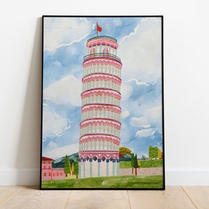 Leaning Tower of Pisa World Wonder Gouache Painting Italy Building Architecture Wall Art Bright Vibrant Print Printable Digital image 8