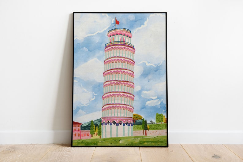 Leaning Tower of Pisa World Wonder Gouache Painting Italy Building Architecture Wall Art Bright Vibrant Print Printable Digital image 8