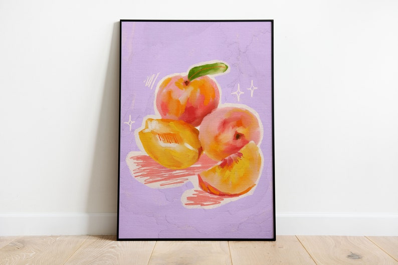 Food Illustration Wall Art, Colorful Wall Art, Fruit Wall Art, Acrylic Art, Printable Art, Dining Room, Kitchen Art Print, Peach Print image 2