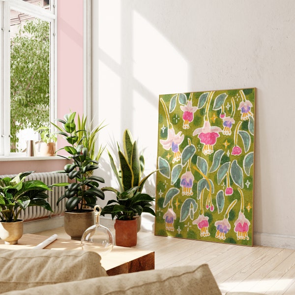 Fuchsia Flower Wall Art, Colorful Wall Art, Abstract Wall Art, Oil Pastel Art, Printable Art, Living Room Print, Flower Art Print