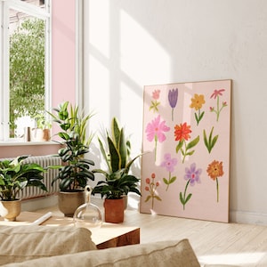 Wildblumen Wandkunst, Bunte Wandkunst, Ölpastell Zeichnung, druckbare Kunst, Wohnzimmer Druck, Blumen Kunstdruck