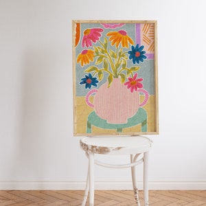 Cone Flowers In A Vase Wall Art, Colorful Wall Art, Abstract Wall Art, Gouache Acrylic Painting, and Printable Art.