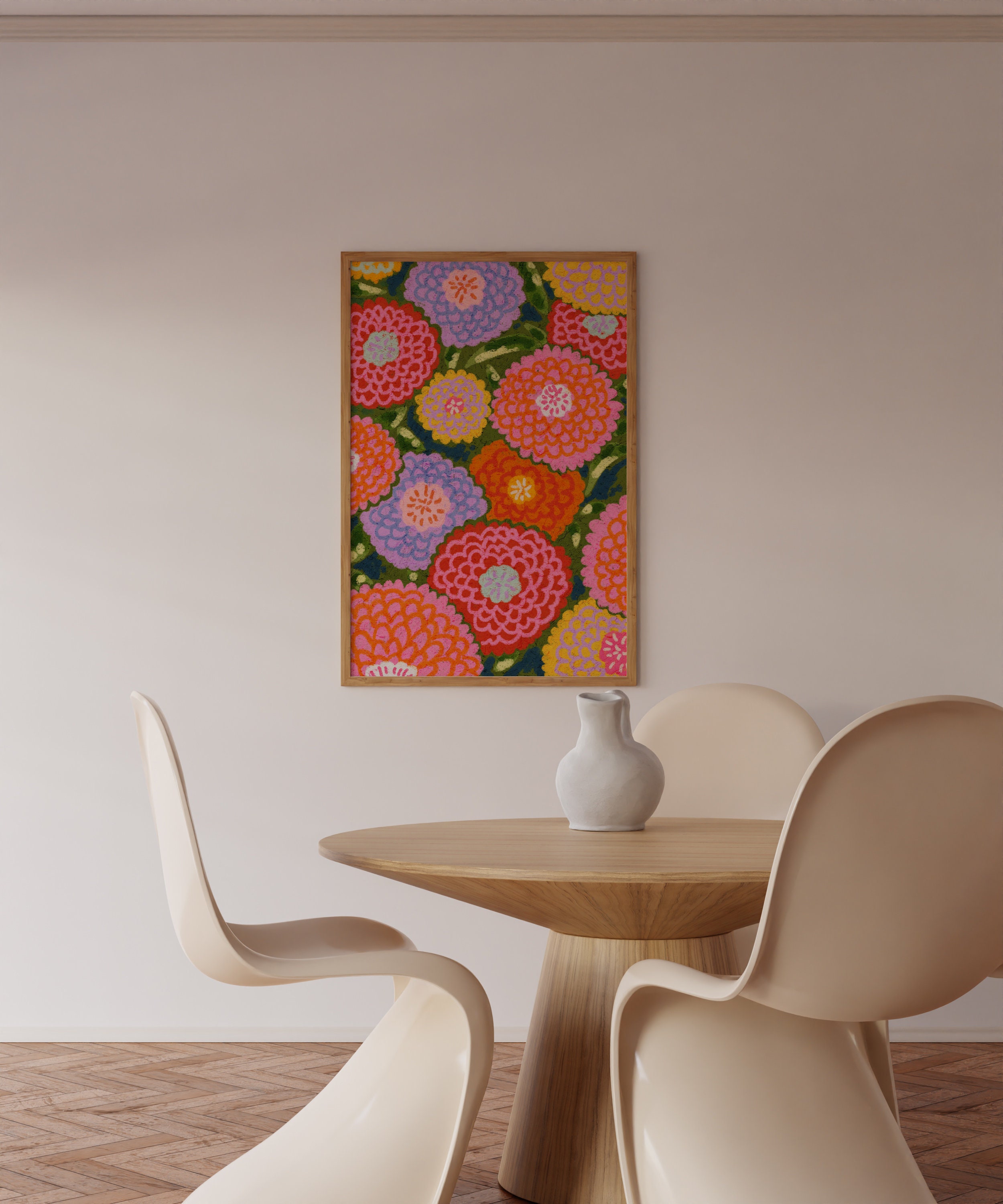 Zinnia Flower Wall Art, Colorful Wall Art, Abstract Wall Art, Oil Pastel Art, Printable Art, Living Room Print, Flower Art Print