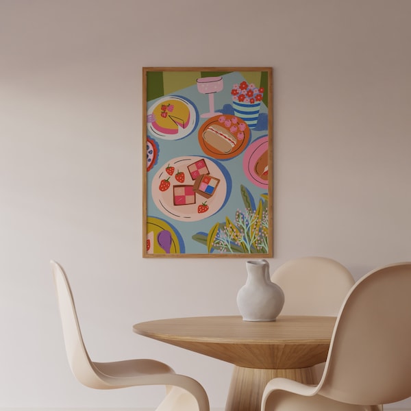 Flatlay Food In The Table Wall Art, Colorful Wall Art, Still Life Illustration, Printable Art, Living Room Print