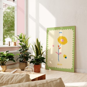 Impresión artística de flores de margarita, póster colorido del mes de nacimiento de abril, arte de pared, decoración de habitación infantil, regalo para ella, arte imprimible para el Día de la Madre