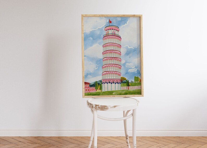 Leaning Tower of Pisa World Wonder Gouache Painting Italy Building Architecture Wall Art Bright Vibrant Print Printable Digital image 1