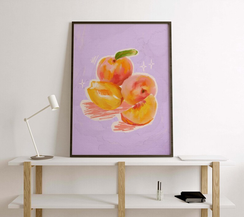 Food Illustration Wall Art, Colorful Wall Art, Fruit Wall Art, Acrylic Art, Printable Art, Dining Room, Kitchen Art Print, Peach Print image 3