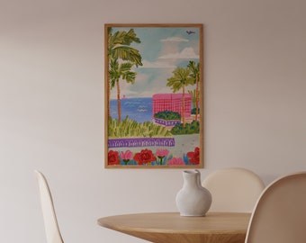 Par la peinture de plage de Bali | Art mural de paysages colorés | Impression vibrante lumineuse d’été de paysage marin | Numérique imprimable | Dessin de plage