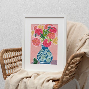Peonies In A Vase Wall Art, Colorful Wall Art, Oil Pastel Drawing, Printable Art, Living Room Print, Flower Art Print image 9