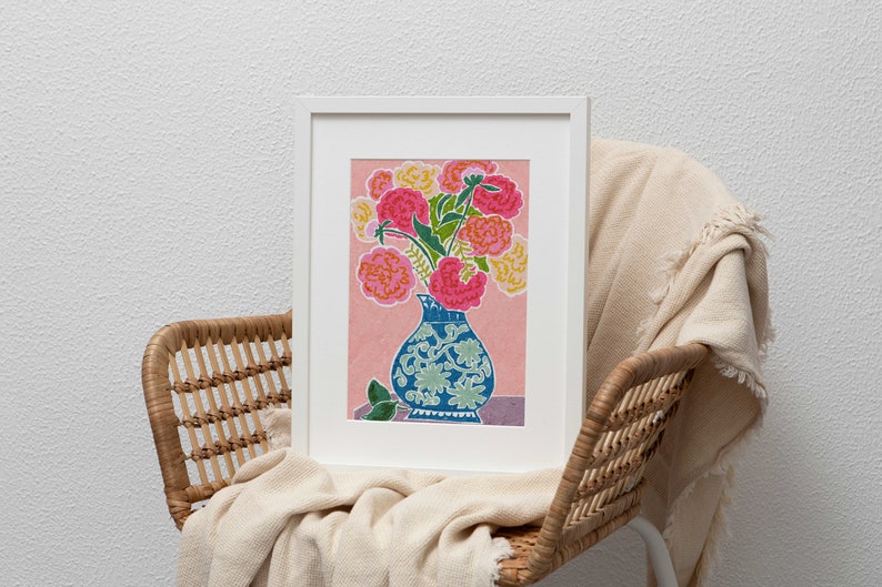 Peonies In A Vase Wall Art, Colorful Wall Art, Oil Pastel Drawing, Printable Art, Living Room Print, Flower Art Print image 9