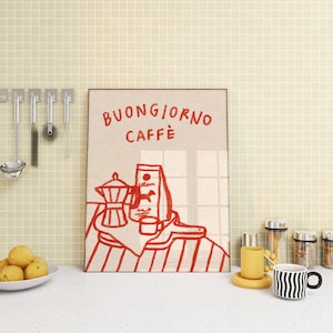 May include: A framed illustration of a coffee pot, coffee beans, and a cup of coffee with the text "BUONGIORNO CAFFE" in red.
